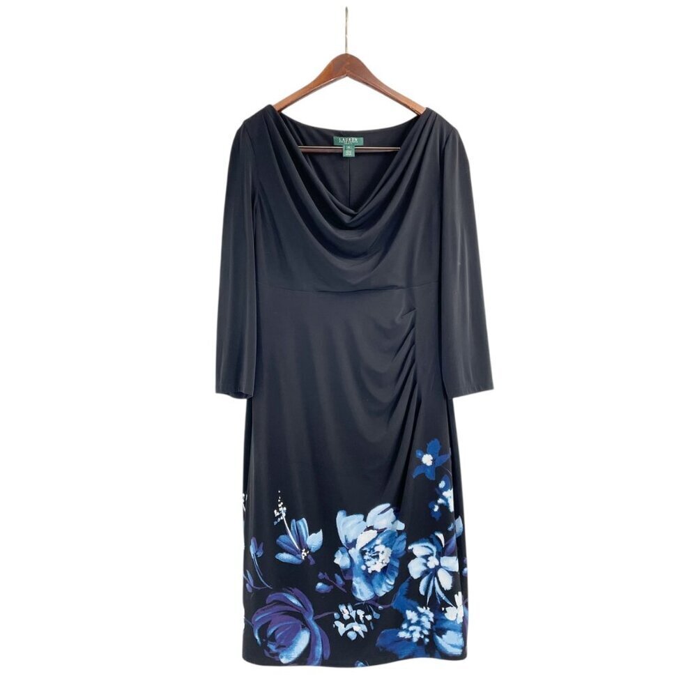 Lauren Ralph Lauren Black Blue Floral Ruched Cowlneck Dress Womens 14 Classic